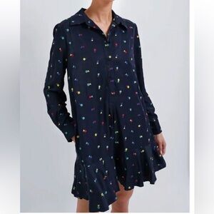 Tuckernuck Shirt Dress Navy Embroidered Flowers Long Sleeve Ruffle Hem 2XL